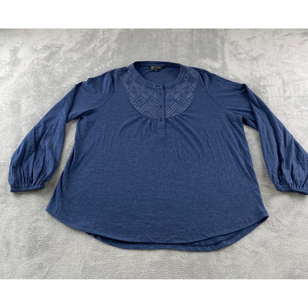 DG2 Diane Gilman Womens XL Blue Embroidered Bib Henley Long Sleeve Knit Top